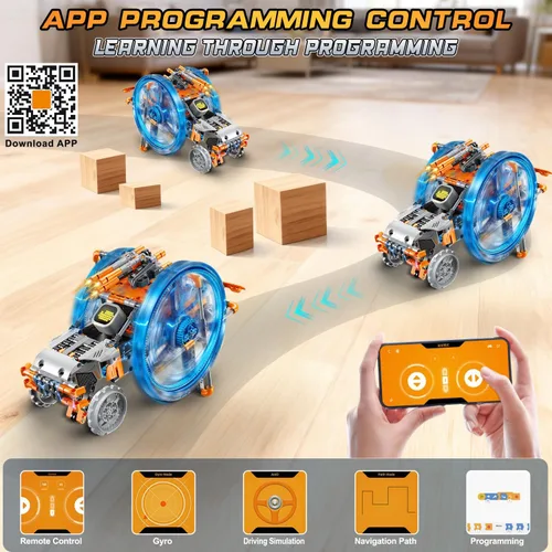 Vista 9 de HiWEEGO - Juguetes de robots RC con ojos LED intercambiables y sonido, robótica recargable con control remoto y aplicación con diseño de ruedas