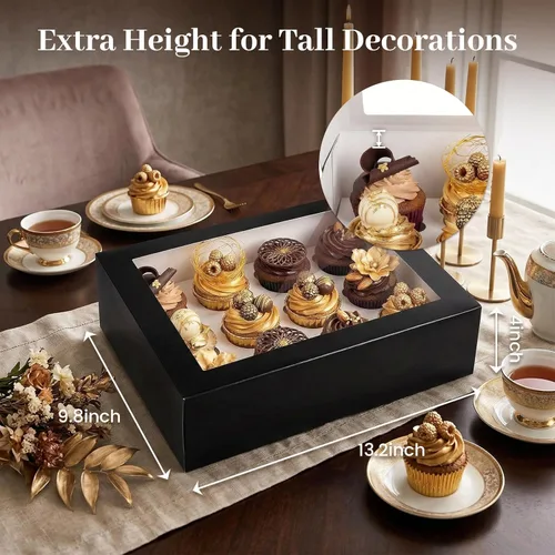 Vista 2 de VGOODALL 12 cajas para cupcakes, 6 soportes para cupcakes de Halloween con ventana, cajas de pastelería negras para cumpleaños, vacaciones
