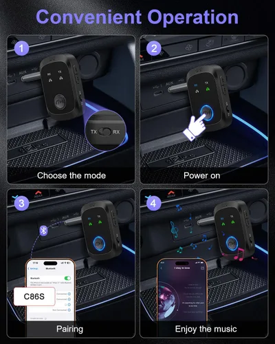 Vista 7 de Receptor transmisor Bluetooth 5.4, adaptador de audio inalámbrico 2 en 1 compatible con 2 auriculares, llamadas manos libres, 11.5H RX/10H TX