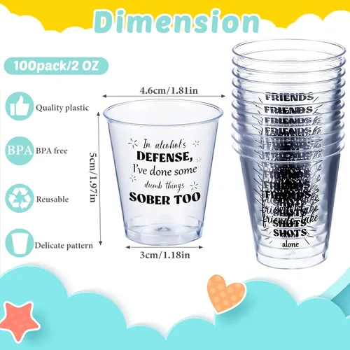 Vista 3 de Amyhill 100 vasos de chupito de plástico transparente de 2 onzas, mini vasos desechables, divertidos vasos de chupito para adultos, amigos, fiesta