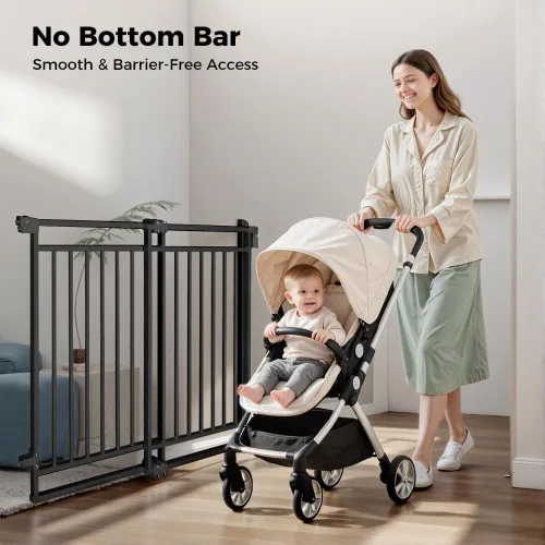 Vista 2 de COMOMY Puerta de bebé de 27.5 a 43 pulgadas, sin barra inferior para escaleras y puertas, puerta para perros de cierre automático 2 en 1 para Negro