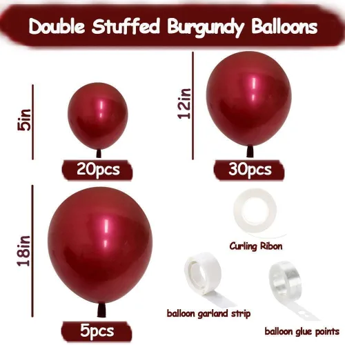 Vista 3 de Guirnalda de globos burdeos de doble relleno, color rojo granate, diferentes tamaños, 18/12/5 pulgadas, kit de arco de globos rojo rubí vino