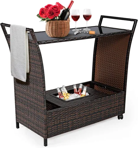 Tangkula Carrito de bar de mimbre para exteriores, carrito de servir vino para patio con ruedas y cubo de hielo extraíble, mesa de barra de bebidas