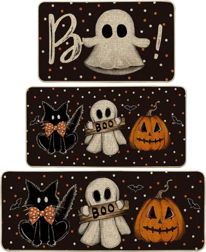 Artoid Mode Juego de 3 alfombrillas de cocina de Halloween con diseño de murciélagos y gatos negros, decoración del hogar, alfombras de cocina de