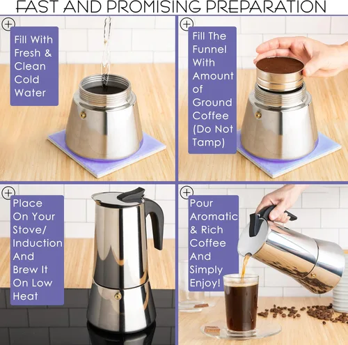 Vista 5 de Mixpresso Olla de café expreso Greca de 12 tazas, 20.3 fl oz/20 onzas, olla moka con diseño de percolador de café, cafetera de acero inoxidable