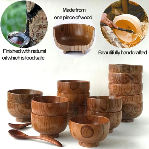 Vista 6 de Cuencos y cucharas pequeños de madera, 10 onzas. Cuencos de control de porciones para aperitivos, postres, cuencos japoneses para servir arroz