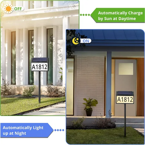Vista 5 de MAXvolador Letrero de dirección solar iluminado, números de casa impermeables, placas de dirección iluminadas con luces LED solares con estacas, 3