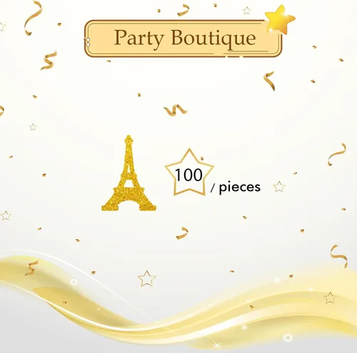 Vista 3 de 100 piezas de confeti de la torre Eiffel, confeti de mesa de fiesta de París con purpurina dorada, dispersos de papel para fiesta temática francesa