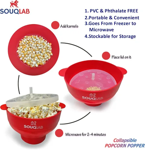 Vista 4 de The Original SOUQLAB - Popper plegable de silicona para microondas con tapa y asas, sin BPA y apto para lavavajillas, cuenco para hacer palomitas