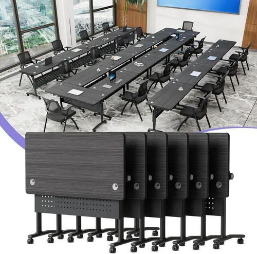 Vista 16 de Mesa de conferencias plegable con ruedas, mesa modular para sala de conferencias con 2 ojales para cables, mesas móviles de sala de reuniones