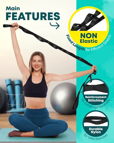 Vista 3 de Correa elástica de yoga no elástica con bucles, banda elástica para terapia física, bandas elásticas para ejercicio y flexibilidad, correa elástica