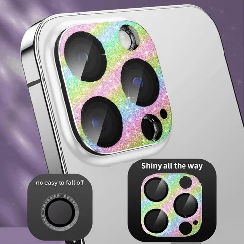 Vista 2 de Protector de lente de cámara para iPhone 14 Pro/iPhone 14 Pro Max, cobertura completa 3D con purpurina brillante, calidad de imagen sin afectación