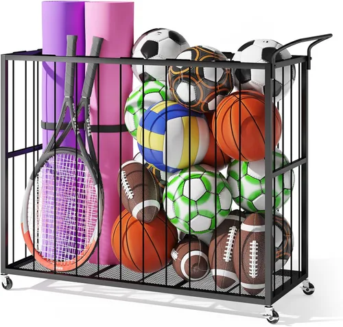 Homsorout Ball Storage Bin Rolling Sports Ball Cart, Metal Garage Organizer Sport Rack, Ball Basket Storage, Ball Cage for Garage or Gym, Indoor &