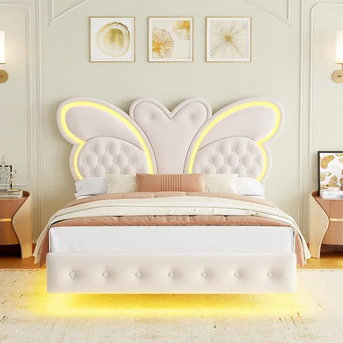 Vista 7 de Marco de cama Queen con cabecera tapizada con patrón de mariposa, cama flotante moderna con luces LED, botones tapizados en cabecera y estribo Beige