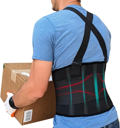 Vista 7 de Soporte de espalda para hombre, levantamiento pesado de espalda baja con tirantes, cinturón de soporte de espalda para el trabajo, soporte lumbar