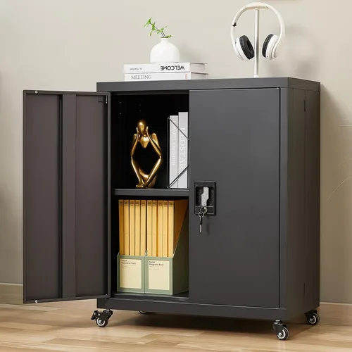 LUCYPAL Gabinete de almacenamiento de metal con ruedas, armario de almacenamiento de garaje de 31.5 pulgadas de alto con puertas de bloqueo y Negro