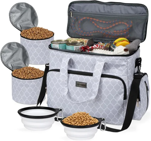Vista 18 de BAGLHER Bolsa de viaje para perros, bolsa de viaje para mascotas (todos los suministros de viaje para mascotas), con 2 recipientes de comida