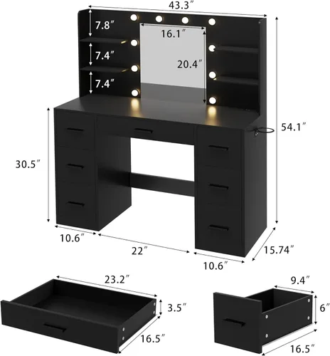 Vista 28 de Furmax Escritorio de tocador con espejo, luces LED y toma de corriente, mesa de tocador de maquillaje con 7 cajones y 6 estantes de almacenamiento
