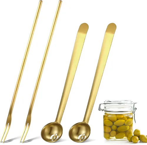 Vista 8 de Didaey Juego de 4 coladores de tenedor para pepinillos y cucharas de aceituna de acero inoxidable con mango largo, cuchara de servir con orificio