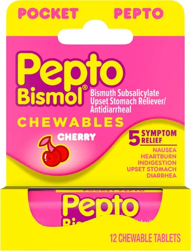 Pepto Bismol Tabletas Masticables de Cereza, Portátil Para Llevar, Alivio del Malestar Estomacal, Alivio de Náuseas, Alivio de la Acidez Estomacal,