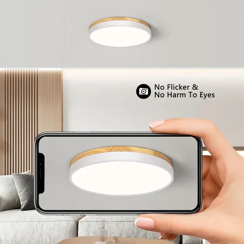 Vista 5 de Lámpara de techo moderna de madera, lámpara de techo redonda LED empotrada, lámpara de techo minimalista, accesorios de iluminación de techo blancos