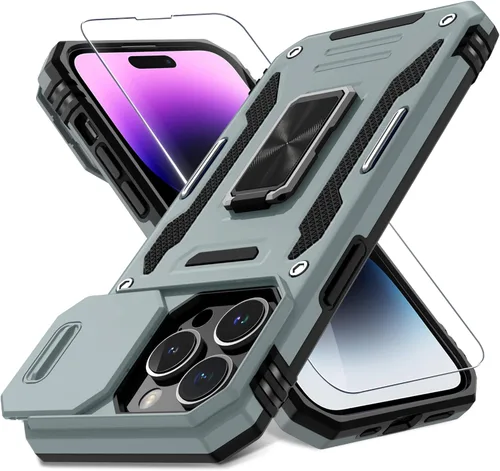 Vista 10 de DEERLAMN Funda para iPhone Xs Max con funda deslizante para cámara + protector de pantalla, soporte giratorio de anillo de grado militar a prueba