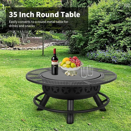 Vista 4 de Hykolity - Fogata para exteriores con rejilla, 32 pulgadas de acero resistente de combustión de madera para barbacoa con cubierta contra chispas