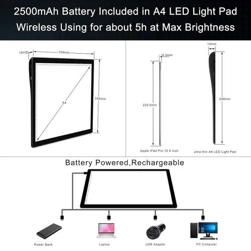 Vista 4 de A4 Almohadilla de luz inalámbrica con batería y estuche, TOHETO Caja de luz para trazar con brillo ajustable, luz LED recargable, tablero de copia