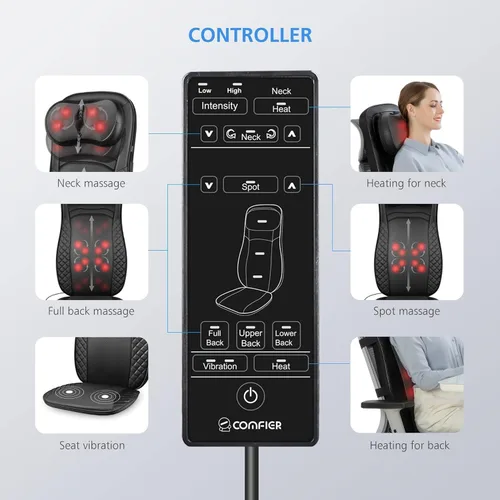Vista 7 de CooCoCo Masajeador de espalda con calor, cojín de asiento de masaje Shiatsu, almohadilla ajustable para silla de masaje de cuello y espalda