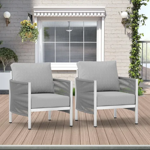 Vista 36 de Sofá de dos plazas de aluminio para patio exterior, sofá de patio de cuerda HDPE con cojín grueso lavable, muebles de patio para todo tipo de clima