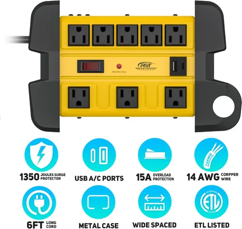 Vista 2 de CRST - Regleta de protección contra sobretensiones resistente con 2 puertos USB, bloque de alimentación industrial de metal de 8 salidas