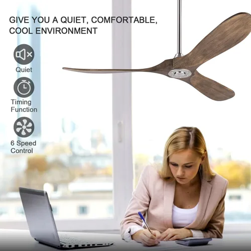 Vista 4 de BOJUE Ventilador de techo de 60 pulgadas sin luz con control remoto, 3 aspas de madera maciza, motor CC reversible, ventiladores de techo sin luces