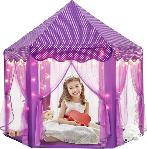 Vista 6 de Sumbababy - Tienda de campaña de castillo de princesa para niñas, tienda de campaña hexagonal, casa de juegos con grandes luces de estrella