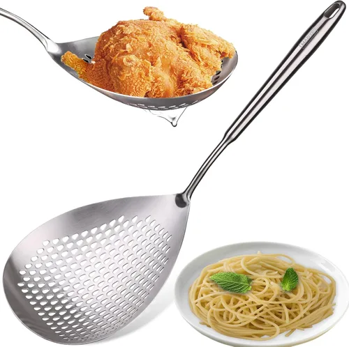 Vista 21 de MARTE Cuchara ranurada de 14.8 pulgadas para pasta, cuchara para cocinar y freír, cuchara coladora de cocina con mango de madera negra resistente al