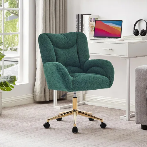 Vista 10 de Silla de escritorio de oficina en casa, cómoda silla de terciopelo ajustable en altura con ruedas y brazos, moderna silla de escritorio con ruedas