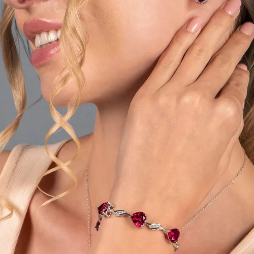 Vista 4 de Jewelili Pulsera de plata de ley con ópalo creado en forma de corazón, rubí creado y zafiro blanco redondo, 7.25 pulgadas