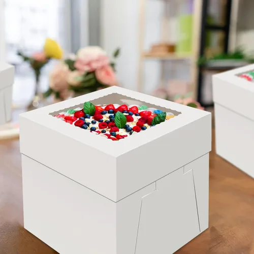 Vista 4 de WINKIO Paquete de 4 cajas para pasteles de 8 pulgadas, contenedor desechable de transporte de pasteles, cajas blancas de panadería con ventana