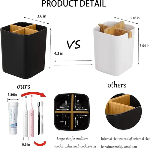Vista 2 de Soporte de bambú para cepillos de dientes para baños, 4 ranuras para cepillos de dientes y pasta de dientes, organizador de mostrador de baño
