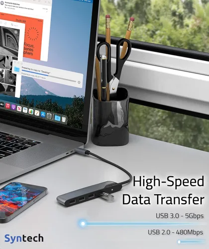Vista 6 de Syntech Hub USB C a USB 4 puertos, concentrador tipo C a USB 3.0 con adaptador USB C a USB 2.0, Thunderbolt 3 a USB Hub, compatible con iPhone