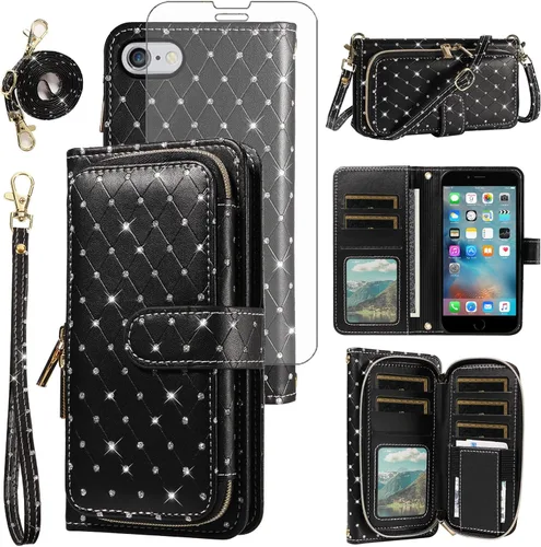 Funda para teléfono iPhone 6 6S con cremallera y protector de pantalla con protector de pantalla, correa de cordón cruzado, ranura para iPhone 6 Six