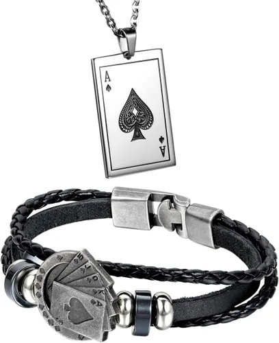 Aroncent Juego de 2 pulseras de acero inoxidable Ace of Spades de cuero trenzado para hombre Pulsera A y collar
