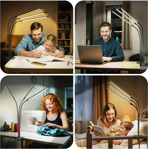 Vista 9 de ShineTech Lámpara de escritorio LED con abrazadera, lámparas de tareas de cuello de cisne ajustable de 3 cabezas, atenuación continua para cuidado