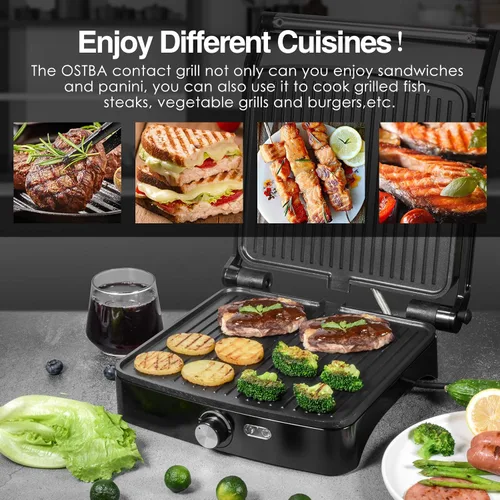 Vista 3 de OSTBA Panini - Parrilla de prensa con temperatura ajustable, parrilla interior de 4 rebanadas, sandwichera abierta de 180° con bandeja de goteo