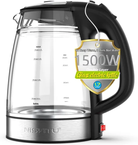 NISVITU Hervidor eléctrico inalámbrico de vidrio y acero inoxidable para hervir agua, hervidor de agua caliente Hervidor eléctrico de té con apagado
