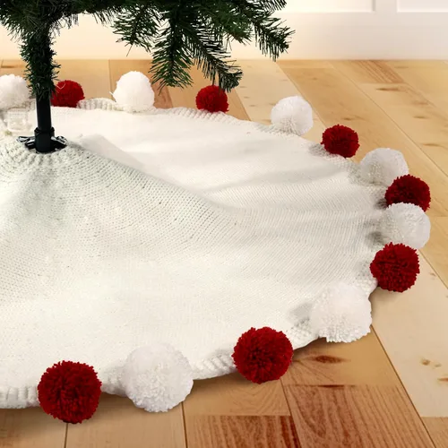 Vista 8 de WBHome - Collar para árbol de Navidad, ajustable de 28 pulgadas, punto de cable, punto grueso rústico, decoración navideña, anillo de árbol de Beige