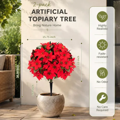 Vista 6 de Árbol de bola de pascua artificial de 26 pulgadas, paquete de 2, resistente Poinsetia