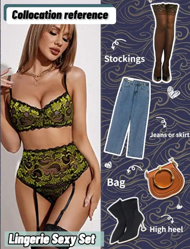 Vista 5 de Avidlove - Conjunto de lencería para mujer de cintura alta, lencería con cinturón, lencería