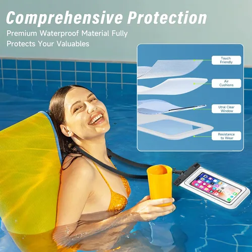 Vista 6 de Bolsa impermeable para teléfono – Paquete de 2 fundas flotantes impermeables IP68, bolsa seca para crucero en la playa 2026 con cordón ajustable