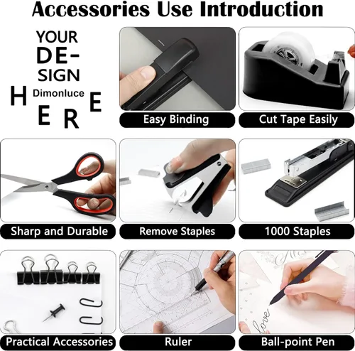 Vista 2 de Dimonluce Accesorios de escritorio de oficina, accesorios de oficina negros con dispensador de cinta, grapadora, removedor de grapas, 1000 grapas