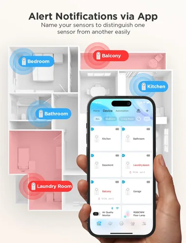 Vista 4 de Govee Sensor de agua wifi, paquete de 1, detector inteligente de fugas de agua, alarma ajustable de 100 dB adecuada para el hogar y sótano, alerta